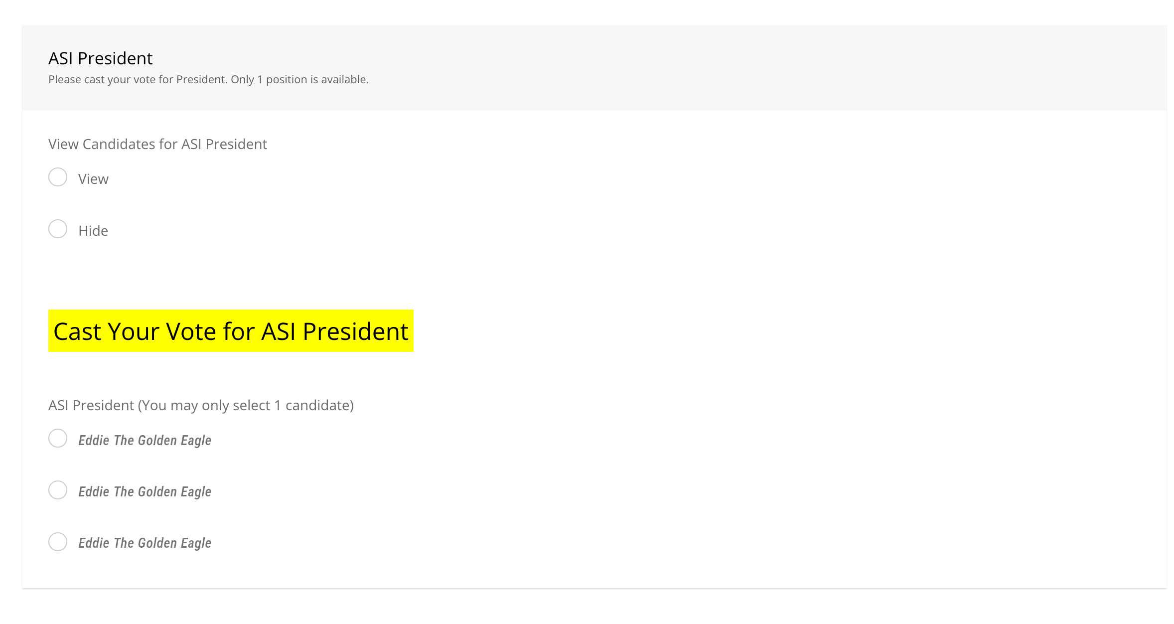 Radio button of candidate names.