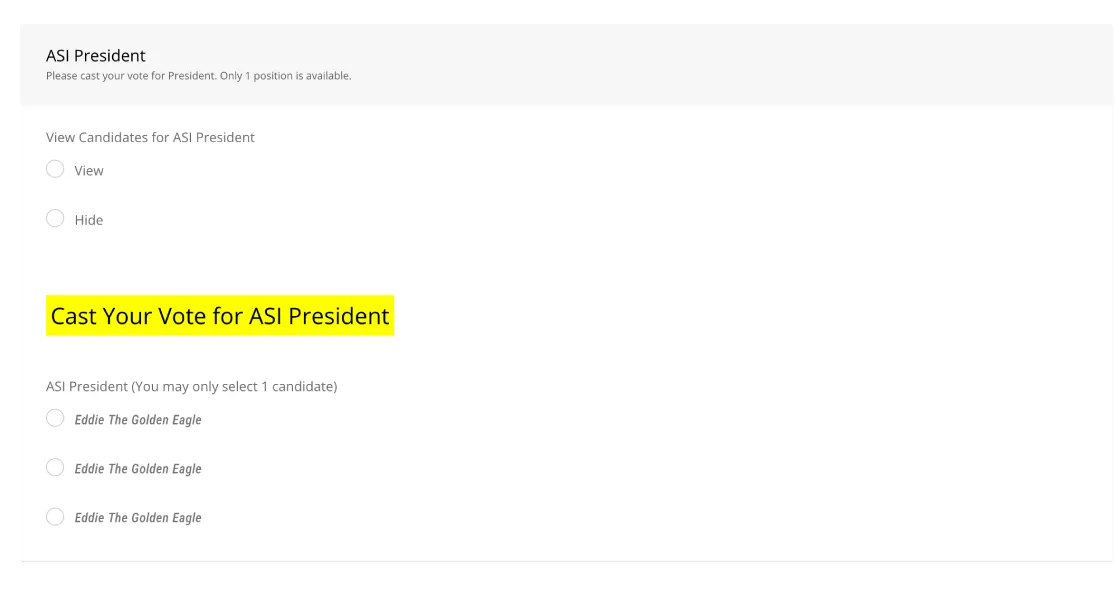 Radio button of candidate names.