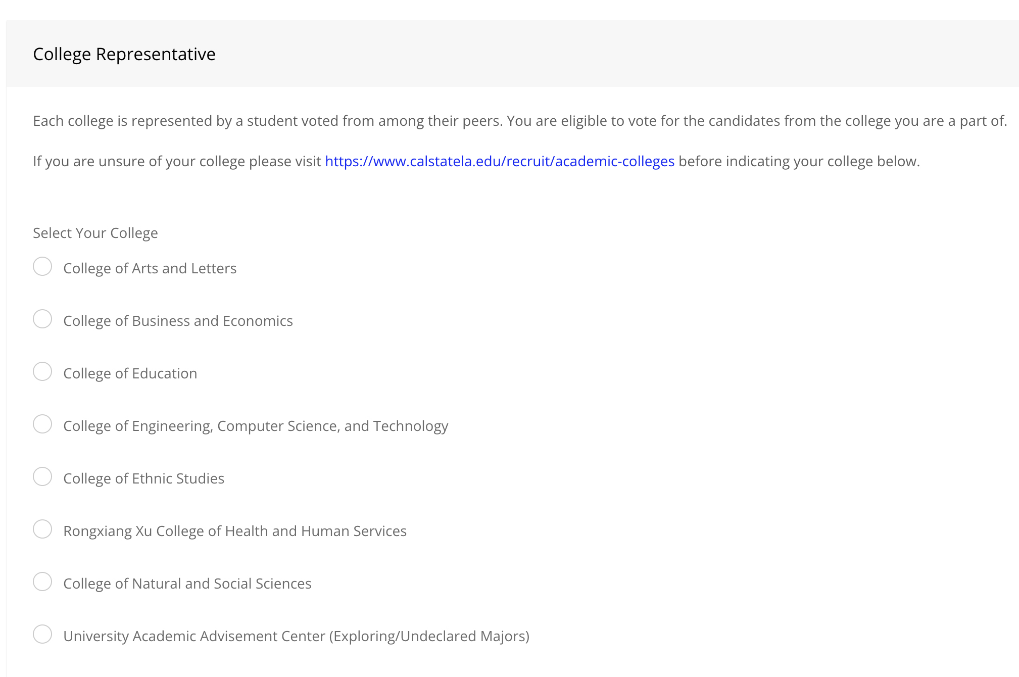 Radio button of colleges.