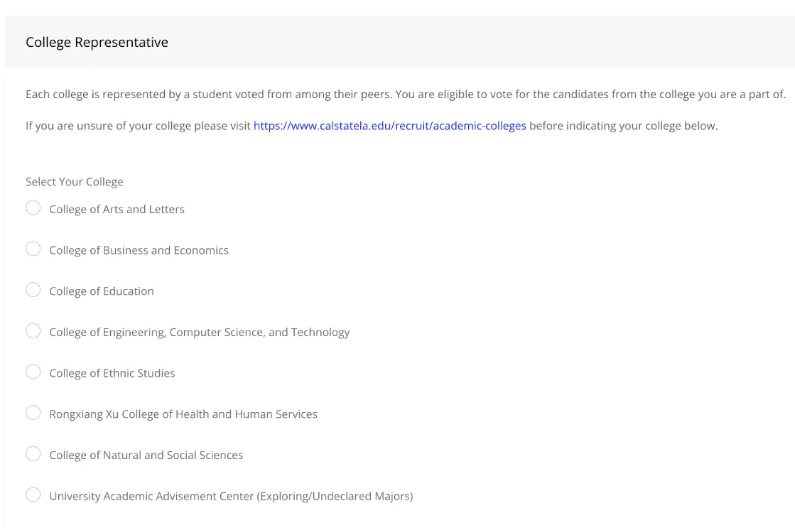 Radio button of colleges.