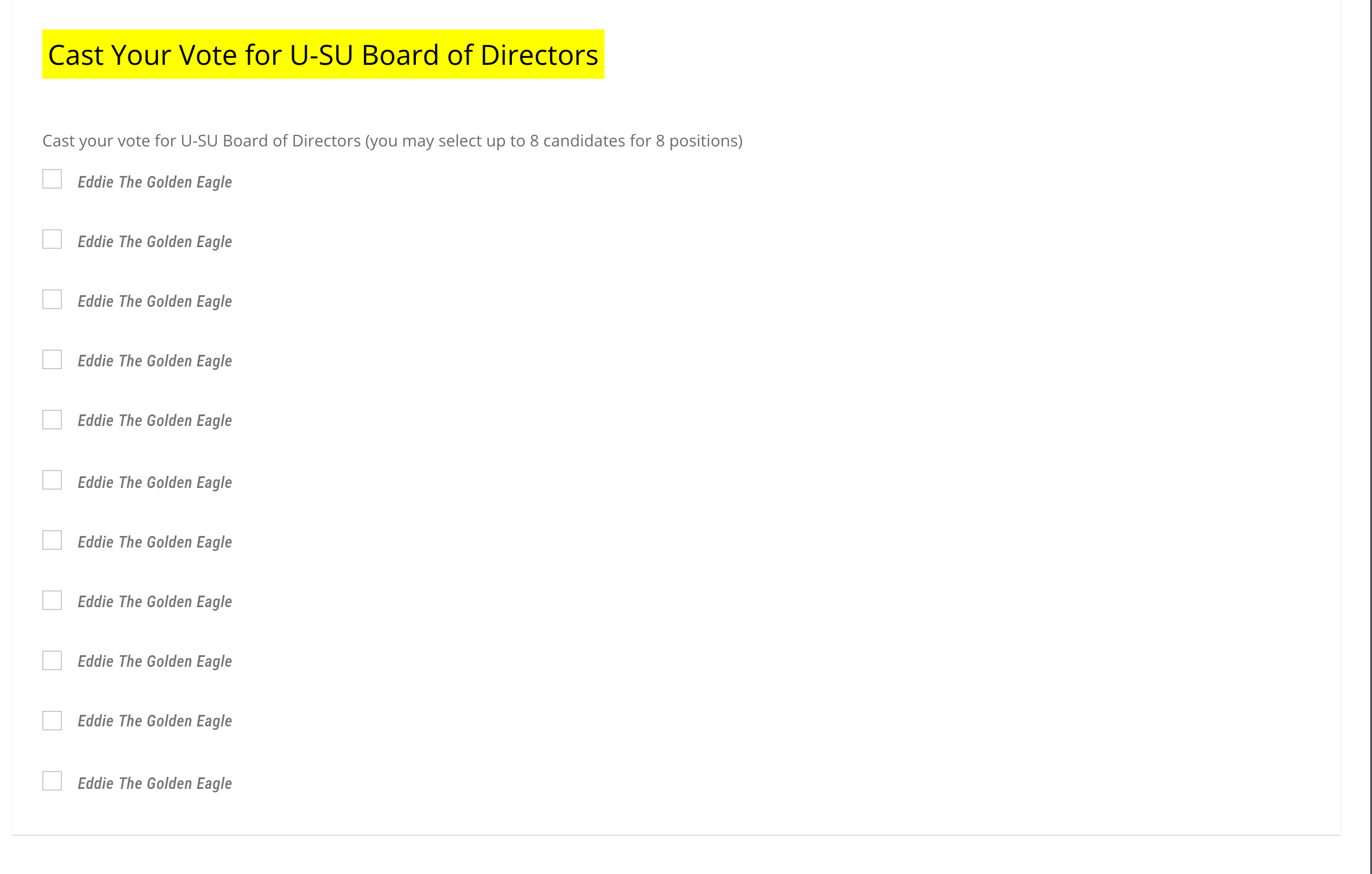 checkbox input. Select up to 8 candidates for the U-SU Board of Directors.