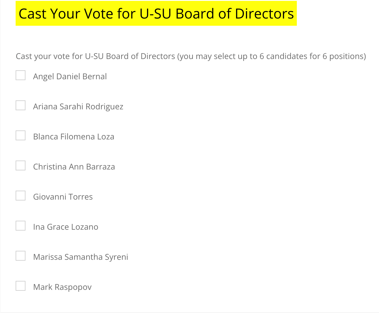 checkbox input. Select up to 8 candidates for the U-SU Board of Directors.
