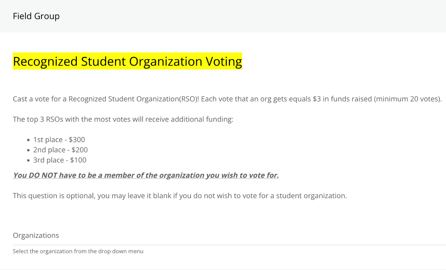 Screenshot of the RSO voting section. Select one RSO at a time from the dropdown menu.