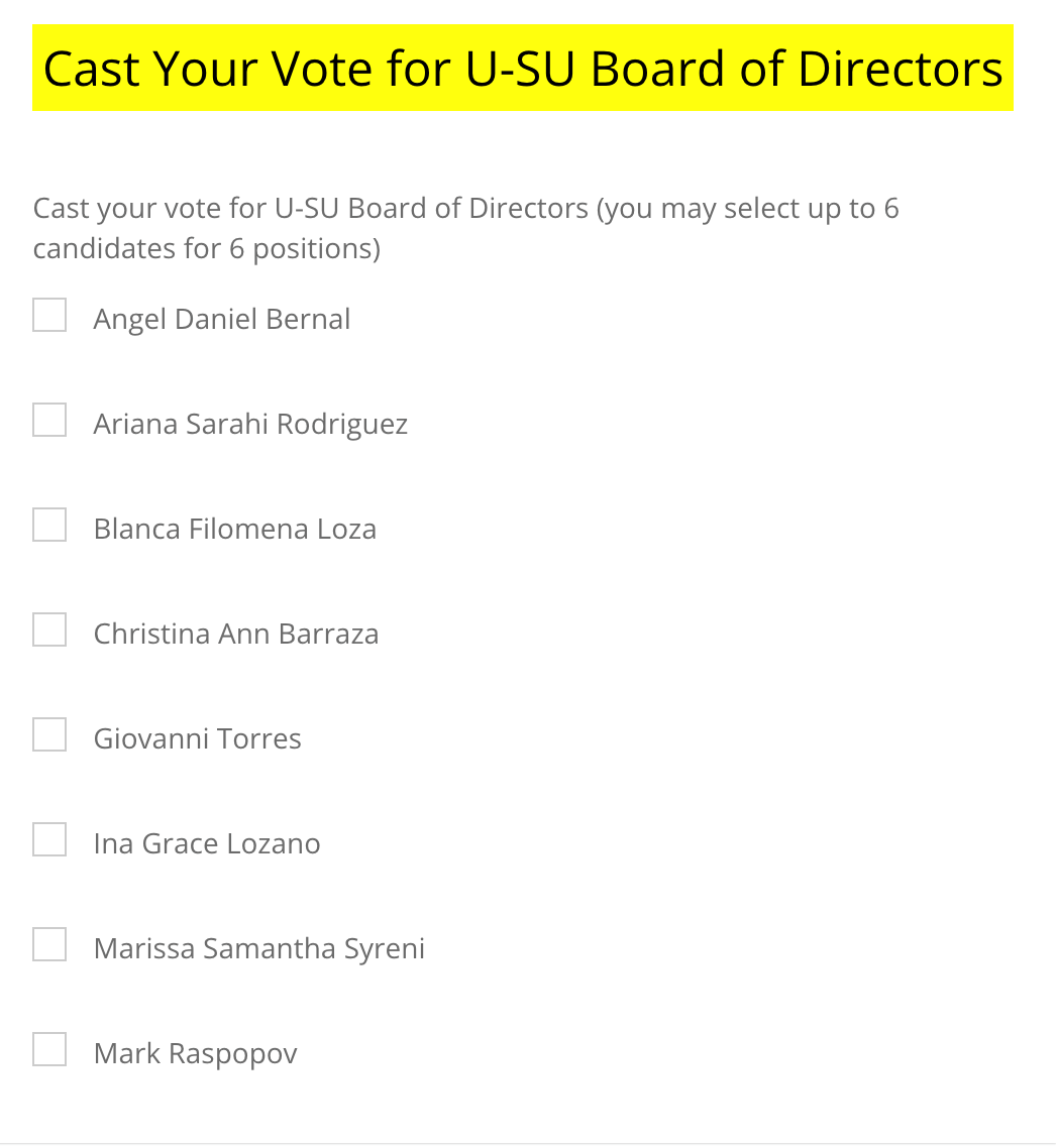 checkbox input. Select up to 8 candidates for the U-SU Board of Directors.