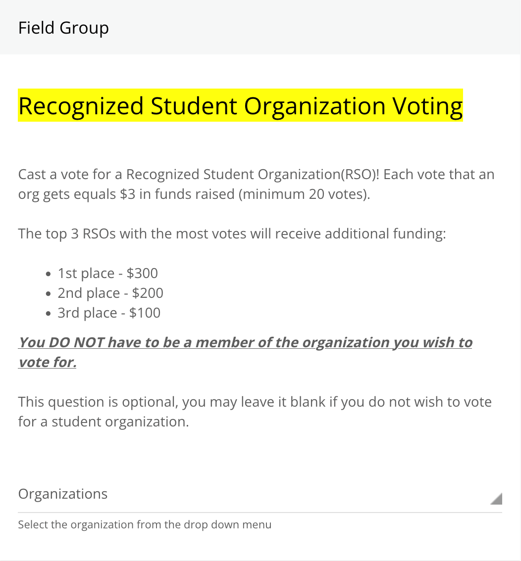 Screenshot of the RSO voting section. Select one RSO at a time from the dropdown menu.