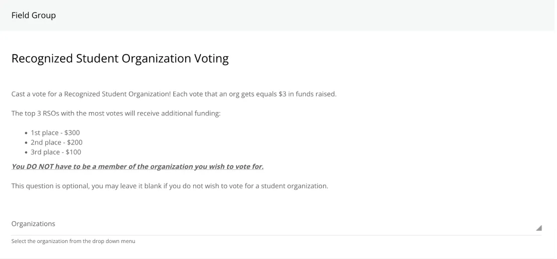 Screenshot of the RSO voting section. Select one RSO at a time from the dropdown menu.